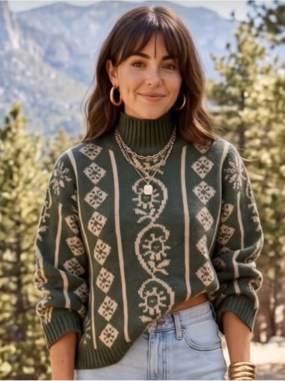 Olive Green Fair Isle Turtleneck Sweater - Cozy Patterned Knit XL